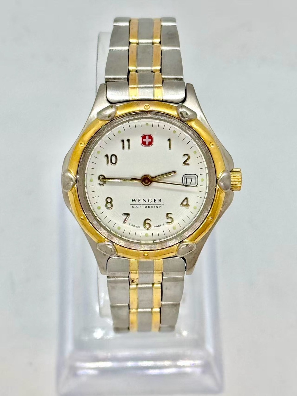 Vintage Wenger Women Quartz Two Tone Watch 29mm White Dial Date New Battery Runs